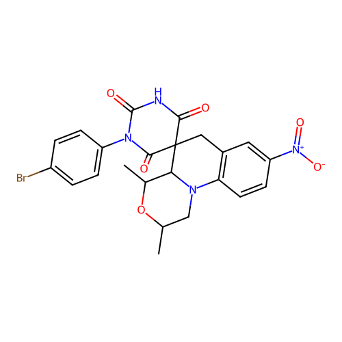 1'-(4-bromophenyl)-2,4-dimethyl-8-nitro-2,4,4a,6-tetrahydro-1H,1'H-spiro[[1,4]oxazino[4,3-a]quinoline-5,5'-pyrimidine]-2',4',6'(3'H)-trione structure