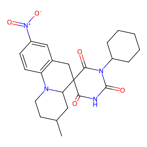 1'-cyclohexyl-2'-hydroxy-3-methyl-8-nitro-2,3,4,4a-tetrahydro-1H,4'H,6H-spiro[pyrido[1,2-a]quinoline-5,5'-pyrimidine]-4',6'(1'H)-dione structure