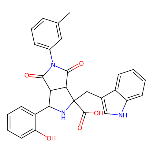 1-((1H-indol-3-yl)methyl)-3-(2-hydroxyphenyl)-4,6-dioxo-5-(m-tolyl)octahydropyrrolo[3,4-c]pyrrole-1-carboxylic acid structure