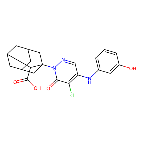1-{5-chloro-4-[(3-hydroxyphenyl)amino]-6-oxopyridazin-1(6H)-yl}tricyclo[3.3.1.1~3,7~]decane-2-carboxylic acid structure