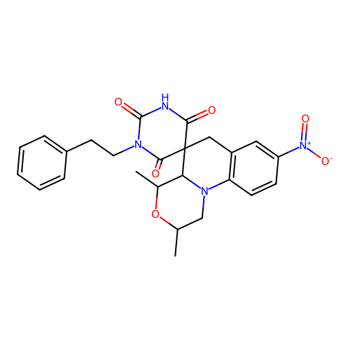 2',4'-dimethyl-8'-nitro-1-phenethylspiro[1,3-diazinane-5,5'-2,4,4a,6-tetrahydro-1H-[1,4]oxazino[4,3-a]quinoline]-2,4,6-trione structure