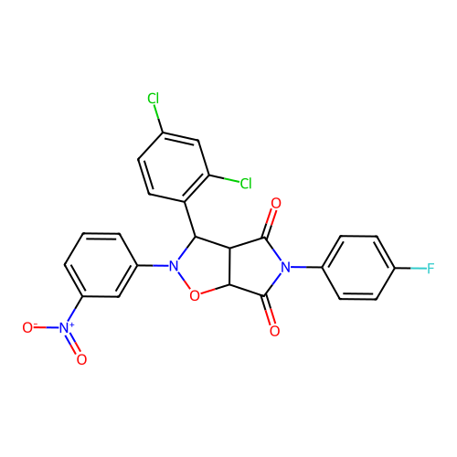 3-(2,4-dichlorophenyl)-5-(4-fluorophenyl)-2-(3-nitrophenyl)-3a,6a-dihydro-3H-pyrrolo[3,4-d][1,2]oxazole-4,6-dione structure