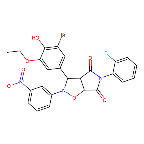 3-(3-bromo-5-ethoxy-4-hydroxyphenyl)-5-(2-fluorophenyl)-2-(3-nitrophenyl)dihydro-2H-pyrrolo[3,4-d]isoxazole-4,6(5H,6aH)-dione structure