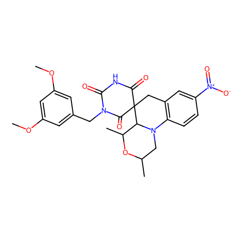 1'-(3,5-dimethoxybenzyl)-2,4-dimethyl-8-nitro-2,4,4a,6-tetrahydro-1H,1'H-spiro[[1,4]oxazino[4,3-a]quinoline-5,5'-pyrimidine]-2',4',6'(3'H)-trione structure