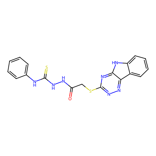 1-phenyl-3-[[2-(5H-[1,2,4]triazino[5,6-b]indol-3-ylsulfanyl)acetyl]amino]thiourea structure