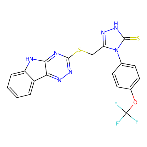 3-(5H-[1,2,4]triazino[5,6-b]indol-3-ylsulfanylmethyl)-4-[4-(trifluoromethoxy)phenyl]-1H-1,2,4-triazole-5-thione structure