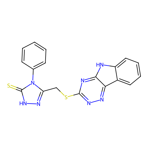 4-phenyl-3-({5H-[1,2,4]triazino[5,6-b]indol-3-ylsulfanyl}methyl)-4,5-dihydro-1H-1,2,4-triazole-5-thione structure