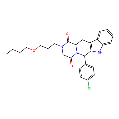 2-(3-butoxypropyl)-6-(4-chlorophenyl)-2,3,12,12a-tetrahydropyrazino[1',2':1,6]pyrido[3,4-b]indole-1,4(6H,7H)-dione structure