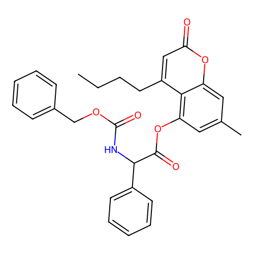 4-butyl-7-methyl-2-oxo-2H-chromen-5-yl 2-(((benzyloxy)carbonyl)amino)-2-phenylacetate structure