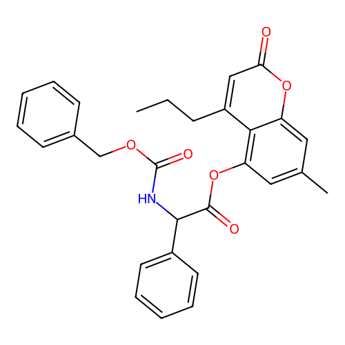 7-methyl-2-oxo-4-propyl-2H-chromen-5-yl 2-(((benzyloxy)carbonyl)amino)-2-phenylacetate structure