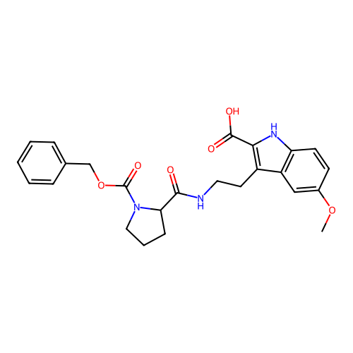 3-[2-({1-[(benzyloxy)carbonyl]prolyl}amino)ethyl]-5-methoxy-1H-indole-2-carboxylic acid structure