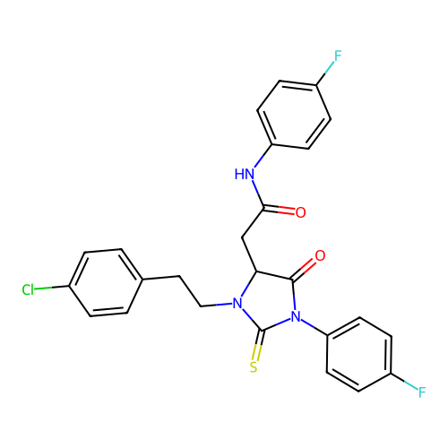 2-{3-[2-(4-chlorophenyl)ethyl]-1-(4-fluorophenyl)-5-oxo-2-thioxoimidazolidin-4-yl}-N-(4-fluorophenyl)acetamide structure