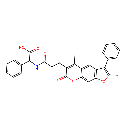 2-(3-(2,5-dimethyl-7-oxo-3-phenyl-7H-furo[3,2-g]chromen-6-yl)propanamido)-2-phenylacetic acid structure