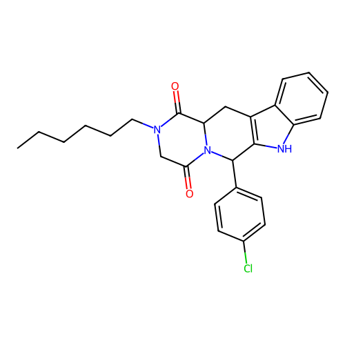 6-(4-chlorophenyl)-2-hexyl-2,3,12,12a-tetrahydropyrazino[1',2':1,6]pyrido[3,4-b]indole-1,4(6H,7H)-dione structure