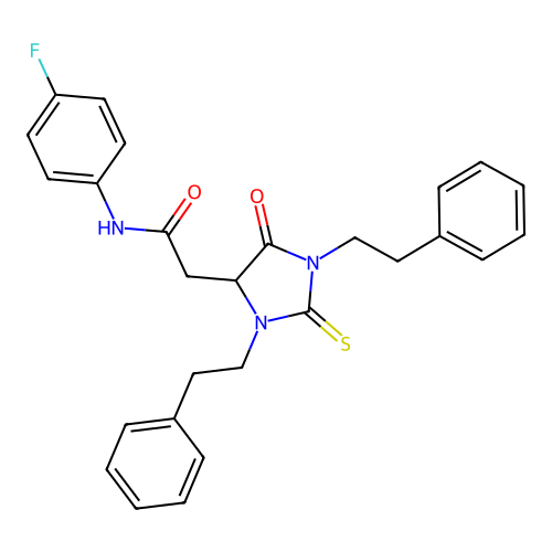 N-(4-fluorophenyl)-2-[5-oxo-1,3-bis(2-phenylethyl)-2-thioxoimidazolidin-4-yl]acetamide structure