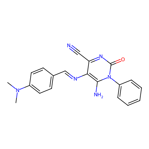 5-(1-aza-2-(4-(dimethylamino)phenyl)vinyl)-4-imino-2-oxo-3-phenyl-1H-1,3-diazine-6-carbonitrile structure