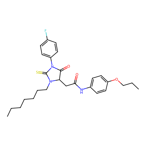 2-(1-(4-fluorophenyl)-3-heptyl-5-oxo-2-thioxoimidazolidin-4-yl)-N-(4-propoxyphenyl)acetamide structure