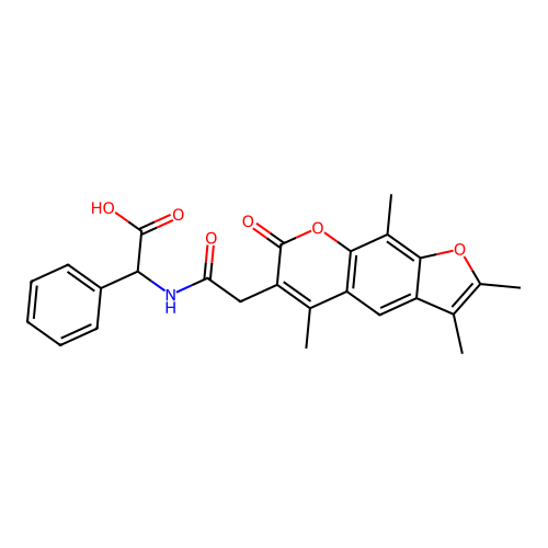 2-phenyl-2-(2-(2,3,5,9-tetramethyl-7-oxo-7H-furo[3,2-g]chromen-6-yl)acetamido)acetic acid structure