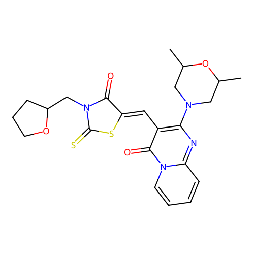 2-(2,6-dimethylmorpholin-4-yl)-3-{(Z)-[4-oxo-3-(tetrahydrofuran-2-ylmethyl)-2-thioxo-1,3-thiazolidin-5-ylidene]methyl}-4H-pyrido[1,2-a]pyrimidin-4-one structure