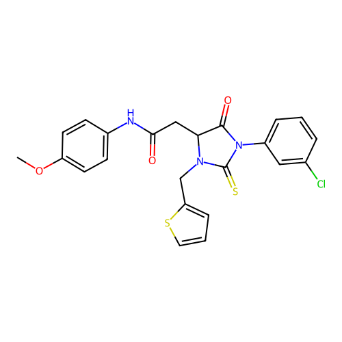 2-[1-(3-chlorophenyl)-5-oxo-3-(thiophen-2-ylmethyl)-2-thioxoimidazolidin-4-yl]-N-(4-methoxyphenyl)acetamide structure