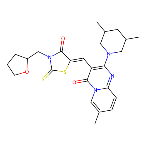 2-(3,5-dimethylpiperidin-1-yl)-7-methyl-3-{(Z)-[4-oxo-3-(tetrahydrofuran-2-ylmethyl)-2-thioxo-1,3-thiazolidin-5-ylidene]methyl}-4H-pyrido[1,2-a]pyrimidin-4-one structure