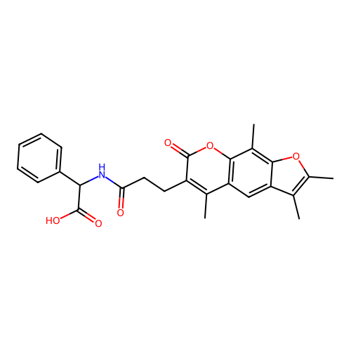2-phenyl-2-(3-(2,3,5,9-tetramethyl-7-oxo-7H-furo[3,2-g]chromen-6-yl)propanamido)acetic acid structure