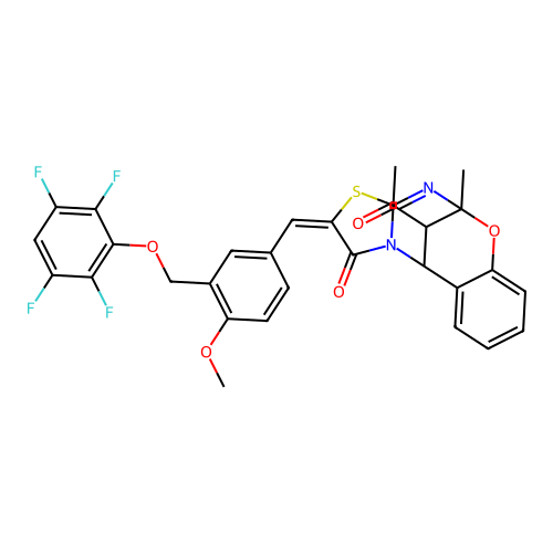 (13E)-16-acetyl-13-[[4-methoxy-3-[(2,3,5,6-tetrafluorophenoxy)methyl]phenyl]methylidene]-9-methyl-8-oxa-12-thia-10,15-diazatetracyclo[7.6.1.02,7.011,15]hexadeca-2,4,6,10-tetraen-14-one structure
