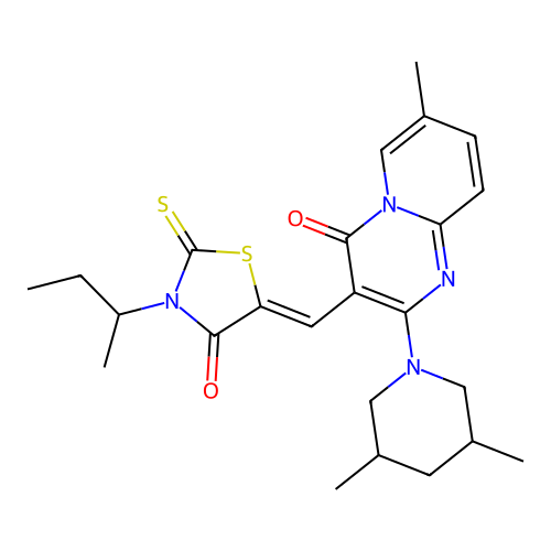 3-{(Z)-[3-(butan-2-yl)-4-oxo-2-thioxo-1,3-thiazolidin-5-ylidene]methyl}-2-(3,5-dimethylpiperidin-1-yl)-7-methyl-4H-pyrido[1,2-a]pyrimidin-4-one structure