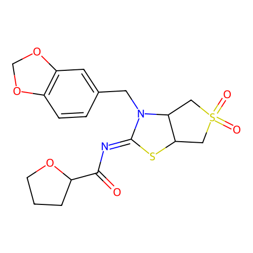 (E)-N-(3-(benzo[d][1,3]dioxol-5-ylmethyl)-5,5-dioxidotetrahydrothieno[3,4-d]thiazol-2(3H)-ylidene)tetrahydrofuran-2-carboxamide structure