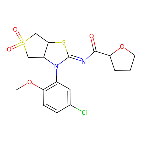 (Z)-N-(3-(5-chloro-2-methoxyphenyl)-5,5-dioxidotetrahydrothieno[3,4-d]thiazol-2(3H)-ylidene)tetrahydrofuran-2-carboxamide structure