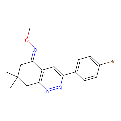 (E)-3-(4-bromophenyl)-N-methoxy-7,7-dimethyl-6,8-dihydrocinnolin-5-imine structure