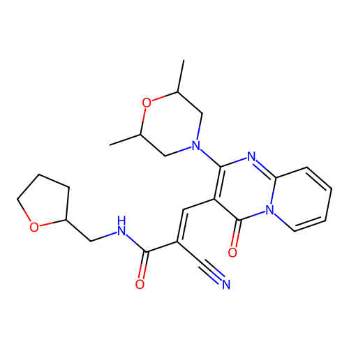 (2E)-2-cyano-3-[2-(2,6-dimethylmorpholin-4-yl)-4-oxo-4H-pyrido[1,2-a]pyrimidin-3-yl]-N-(tetrahydrofuran-2-ylmethyl)prop-2-enamide structure
