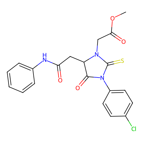 methyl {3-(4-chlorophenyl)-4-oxo-5-[2-oxo-2-(phenylamino)ethyl]-2-thioxoimidazolidin-1-yl}acetate structure