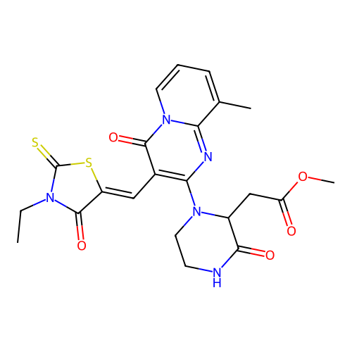 (Z)-methyl 2-(1-(3-((3-ethyl-4-oxo-2-thioxothiazolidin-5-ylidene)methyl)-9-methyl-4-oxo-4H-pyrido[1,2-a]pyrimidin-2-yl)-3-oxopiperazin-2-yl)acetate structure