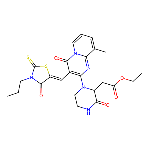 ethyl 2-[1-[9-methyl-4-oxo-3-[(Z)-(4-oxo-3-propyl-2-sulfanylidene-1,3-thiazolidin-5-ylidene)methyl]pyrido[1,2-a]pyrimidin-2-yl]-3-oxopiperazin-2-yl]acetate structure