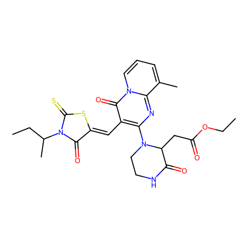 ethyl [1-(3-{(Z)-[3-(butan-2-yl)-4-oxo-2-thioxo-1,3-thiazolidin-5-ylidene]methyl}-9-methyl-4-oxo-4H-pyrido[1,2-a]pyrimidin-2-yl)-3-oxopiperazin-2-yl]acetate structure