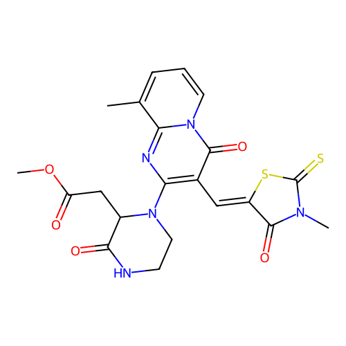 (Z)-methyl 2-(1-(9-methyl-3-((3-methyl-4-oxo-2-thioxothiazolidin-5-ylidene)methyl)-4-oxo-4H-pyrido[1,2-a]pyrimidin-2-yl)-3-oxopiperazin-2-yl)acetate structure