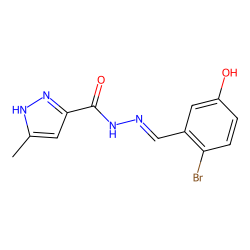 N'-[(E)-(2-bromo-5-hydroxyphenyl)methylidene]-3-methyl-1H-pyrazole-5-carbohydrazide structure