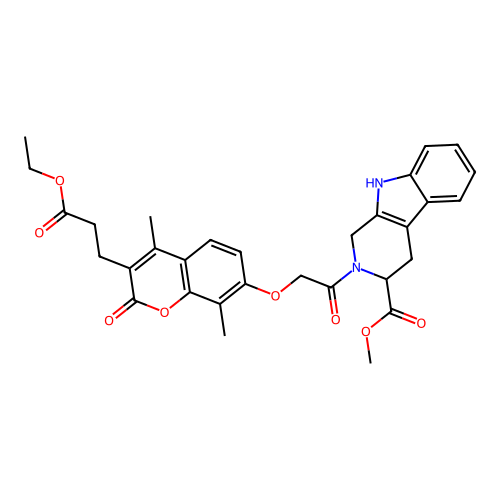 methyl 2-(2-((3-(3-ethoxy-3-oxopropyl)-4,8-dimethyl-2-oxo-2H-chromen-7-yl)oxy)acetyl)-2,3,4,9-tetrahydro-1H-pyrido[3,4-b]indole-3-carboxylate structure