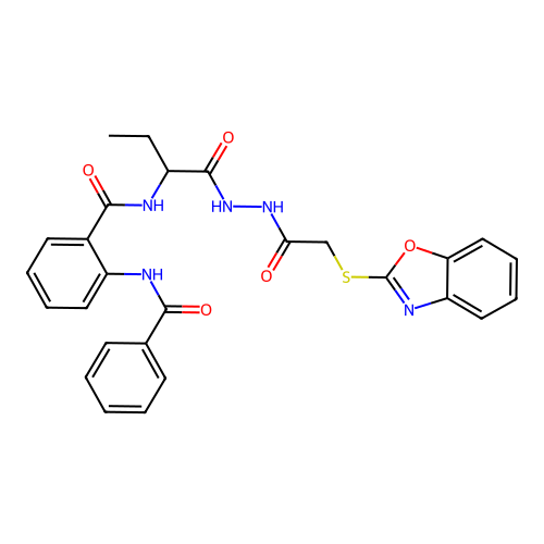 N-(1-{2-[(1,3-benzoxazol-2-ylsulfanyl)acetyl]hydrazinyl}-1-oxobutan-2-yl)-2-[(phenylcarbonyl)amino]benzamide structure