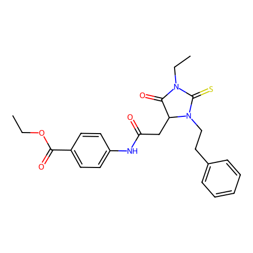 ethyl 4-({[1-ethyl-5-oxo-3-(2-phenylethyl)-2-thioxoimidazolidin-4-yl]acetyl}amino)benzoate structure