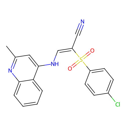 2-(4-Chlorophenyl)sulfonyl-3-[(2-methyl-4-quinolyl)amino]prop-2-enenitrile structure