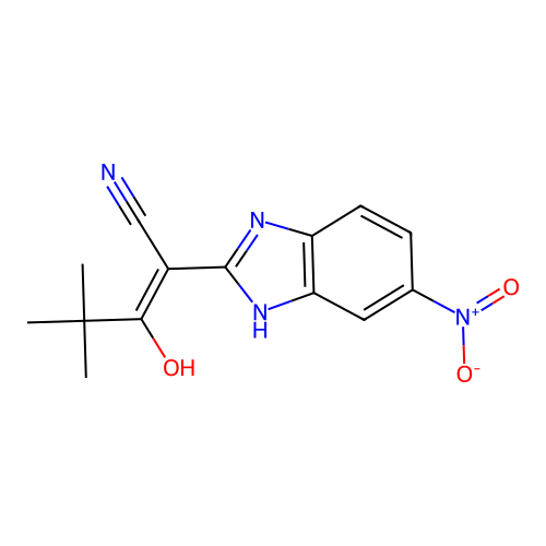 3-hydroxy-4,4-dimethyl-2-(6-nitro-1H-benzimidazol-2-yl)pent-2-enenitrile structure