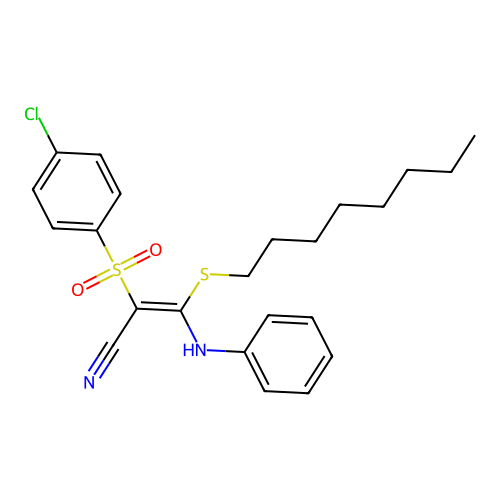 (Z)-3-anilino-2-(4-chlorophenyl)sulfonyl-3-octylsulfanylprop-2-enenitrile structure