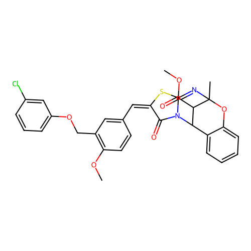methyl (13E)-13-{3-[(3-chlorophenoxy)methyl]-4-methoxybenzylidene}-9-methyl-14-oxo-8-oxa-12-thia-10,15-diazatetracyclo[7.6.1.0~2,7~.0~11,15~]hexadeca-2,4,6,10-tetraene-16-carboxylate structure