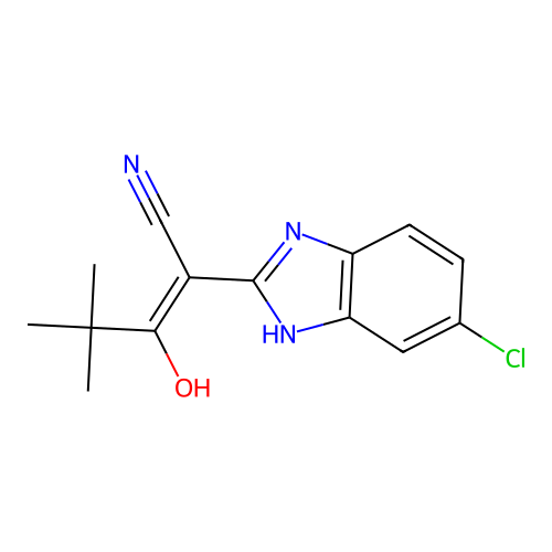 2-(6-chloro-1H-benzimidazol-2-yl)-3-hydroxy-4,4-dimethyl-pent-2-enenitrile structure