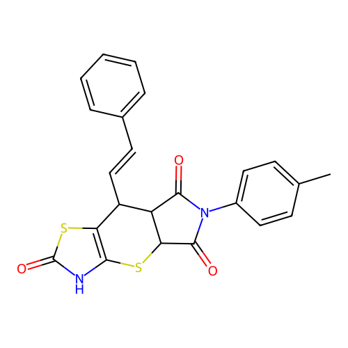 6-(4-methylphenyl)-8-[(E)-2-phenylethenyl]-3,4a,7a,8-tetrahydropyrrolo[3',4':5,6]thiopyrano[2,3-d][1,3]thiazole-2,5,7(6H)-trione structure