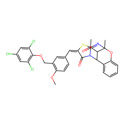 (13E)-16-acetyl-13-[[4-methoxy-3-[(2,4,6-trichlorophenoxy)methyl]phenyl]methylidene]-9-methyl-8-oxa-12-thia-10,15-diazatetracyclo[7.6.1.02,7.011,15]hexadeca-2,4,6,10-tetraen-14-one structure