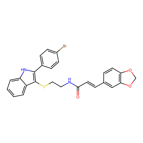 (E)-3-(benzo[d][1,3]dioxol-5-yl)-N-(2-((2-(4-bromophenyl)-1H-indol-3-yl)thio)ethyl)acrylamide structure