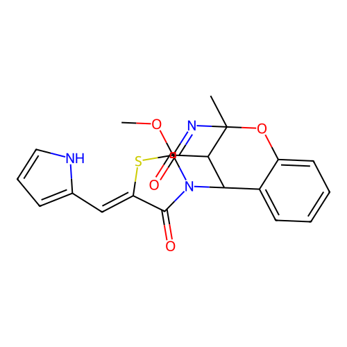 methyl (2Z)-5-methyl-1-oxo-2-(1H-pyrrol-2-ylmethylidene)-1,2-dihydro-5H,11H-5,11-methano[1,3]thiazolo[2,3-d][1,3,5]benzoxadiazocine-13-carboxylate structure